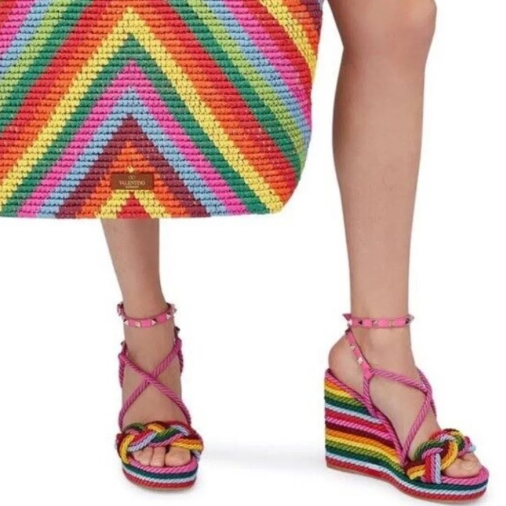 NIB $890 VALENTINO Rockstud Torchon Rainbow Platform Wedge Sandal - size 11 / 41